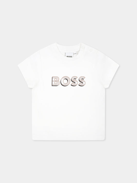 White t-shirt for baby boy with logo,Boss,J52198 269