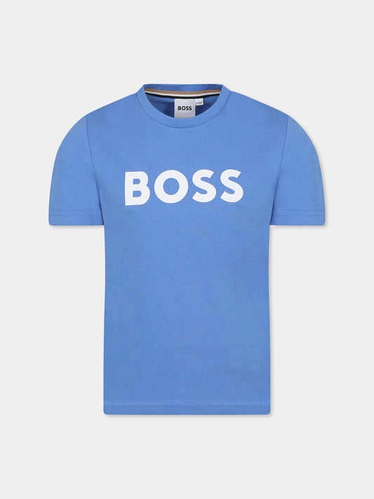 T-shirt celeste per bambino con logo,Boss,J52030 84B
