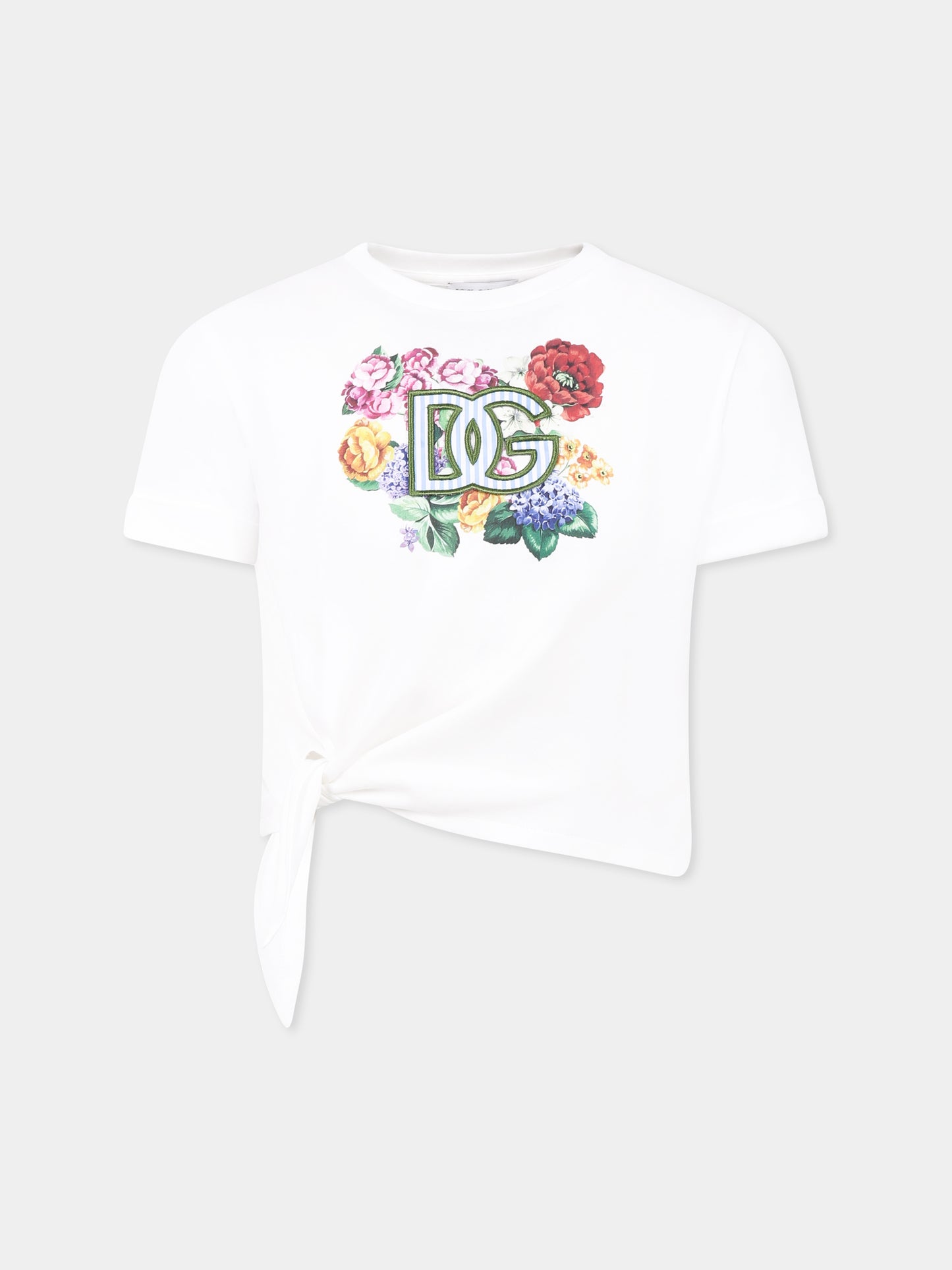 T-shirt bianca cropped per bambina con logo e fiori