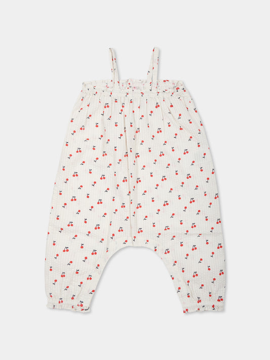 Jumpsuit avorio per neonata con ciliegie all over,Bonpoint,S05XOVW00003 651C
