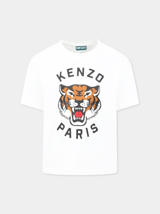 T-shirt bianca per bambina con Lucky Tiger e logo nero