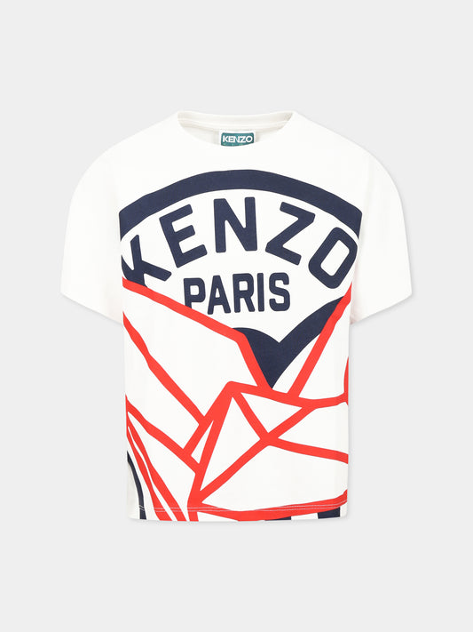 T-shirt bianca per bambino con stampa Kenzo Seigaiha