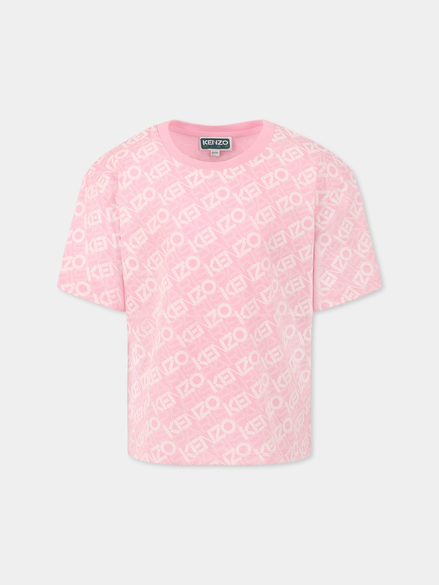 T-shirt crop rosa per bambina con logo all over,Kenzo Kids,K61062 465