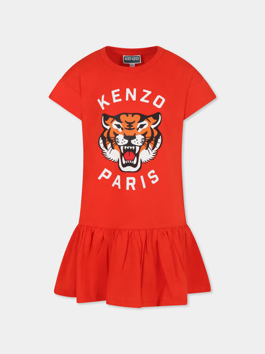 Vestito rossa per bambina con Lucky Tiger,Kenzo Kids,K61025 997