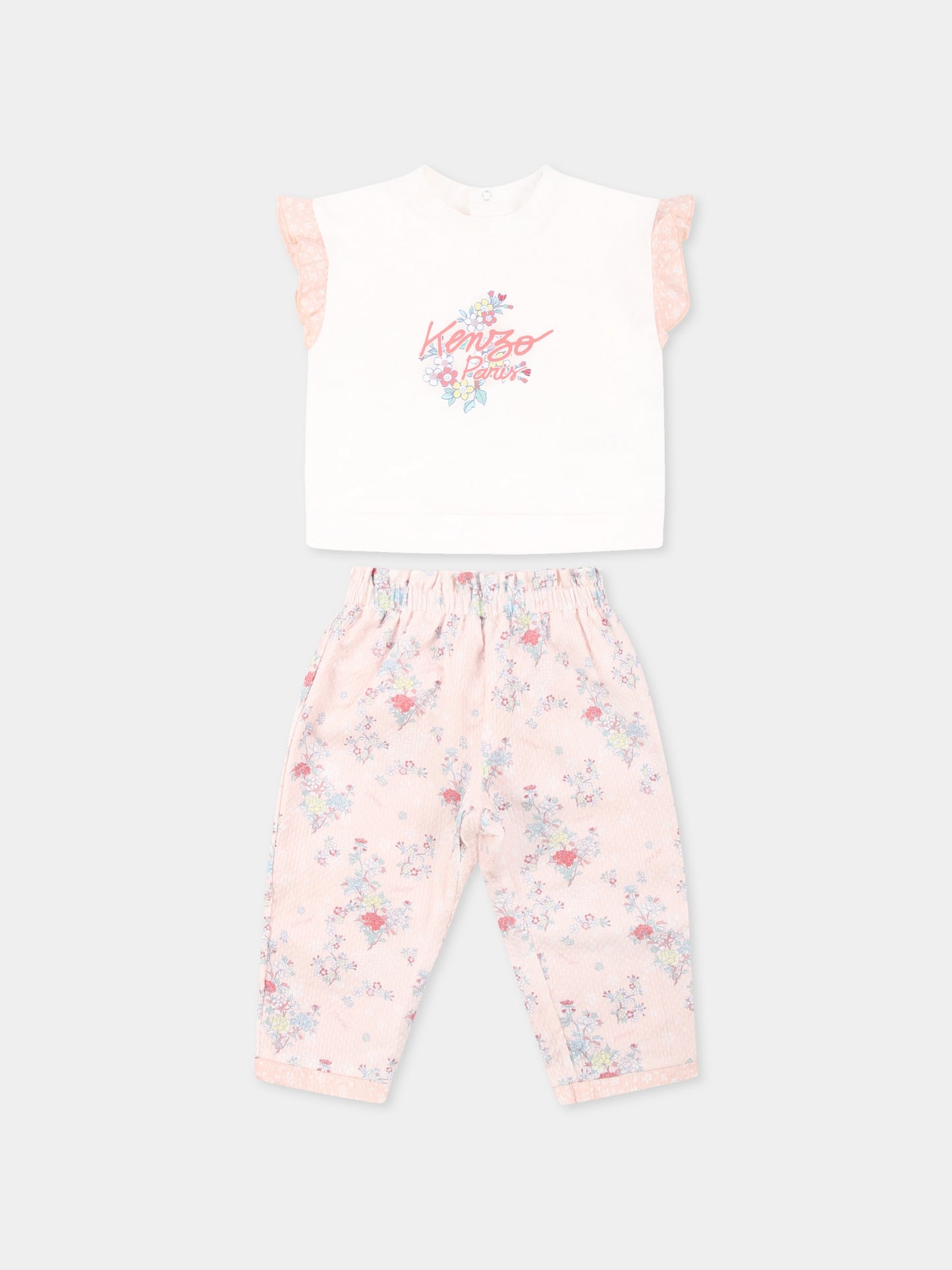 Completo rosa per neonata con stampa floreale e logo,Kenzo Kids,K60847 47R