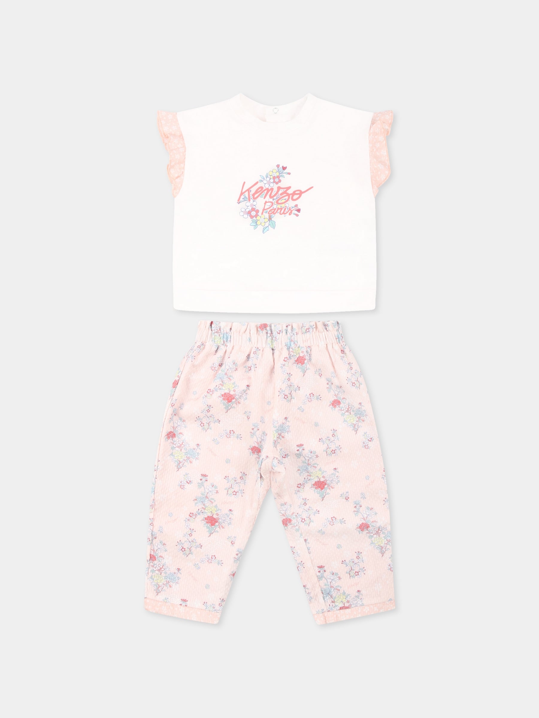 Completo rosa per neonata con stampa floreale e logo,Kenzo Kids,K60847 47R