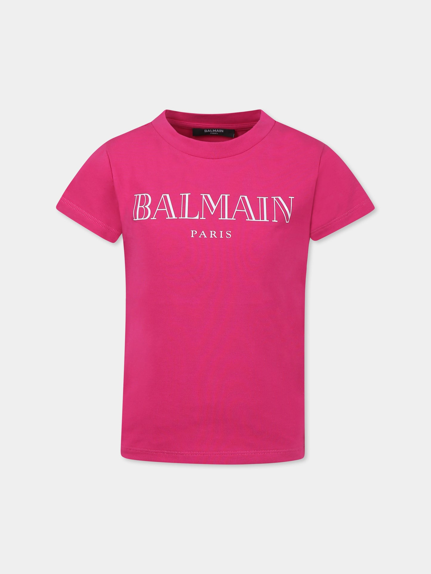 T-shirt fucsia per bambina con logo bianco,Balmain Kids,BW8B01 Z2389 50LBC