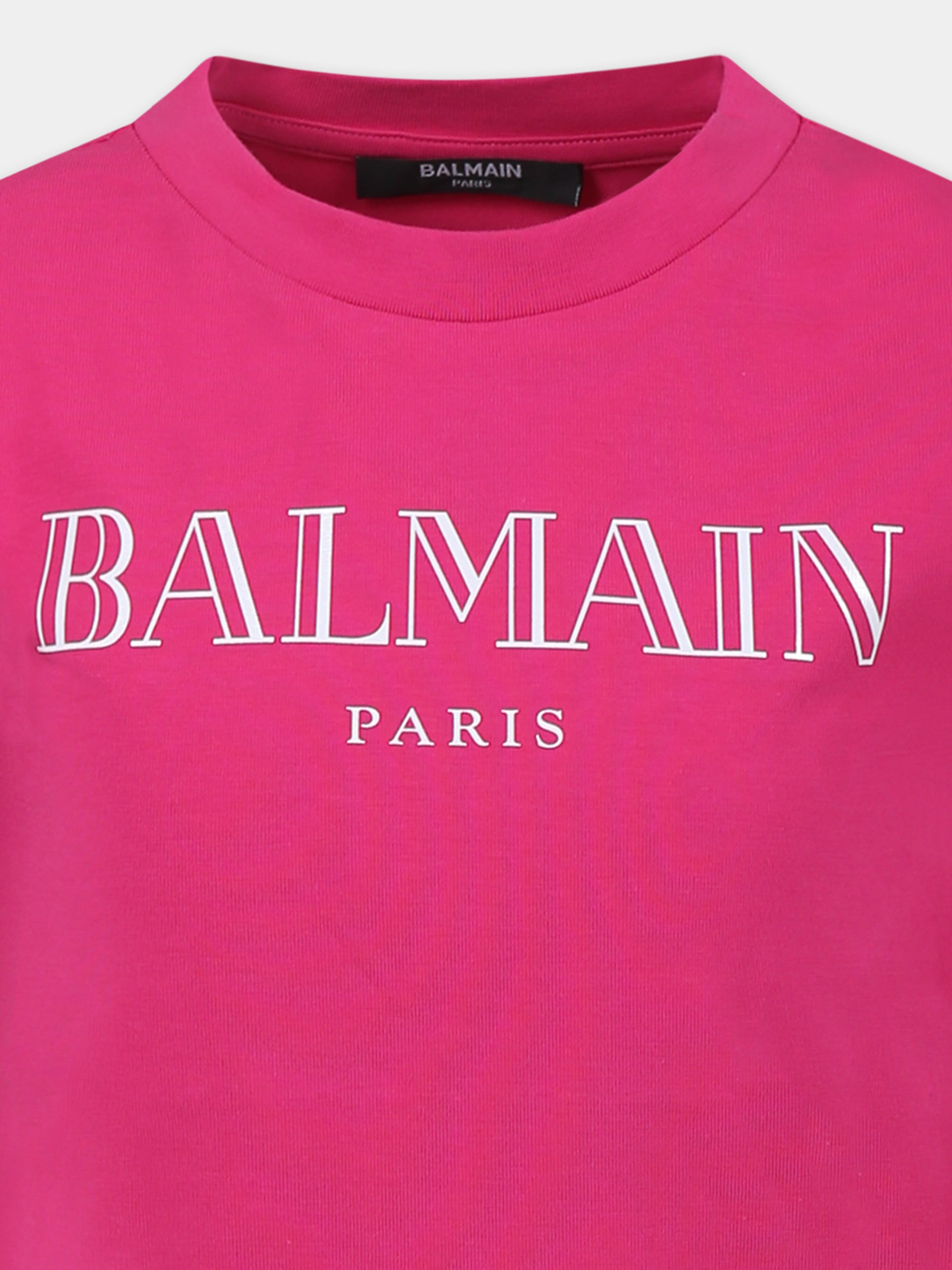 T-shirt fucsia per bambina con logo bianco,Balmain Kids,BW8B01 Z2389 50LBC