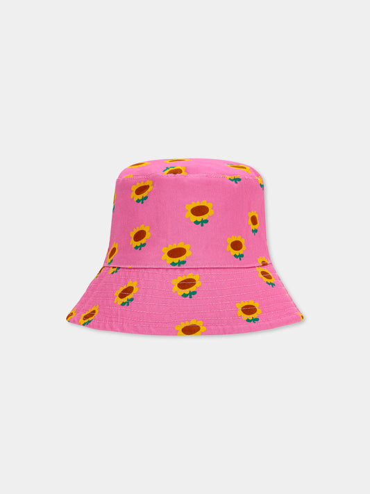 Cloche reversibile fucsia per bambina con logo e girasoli,Bobo Choses,B125AI017