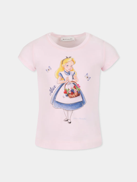 T-shirt rosa per bambina con Alice nel Paese delle Meravilgie