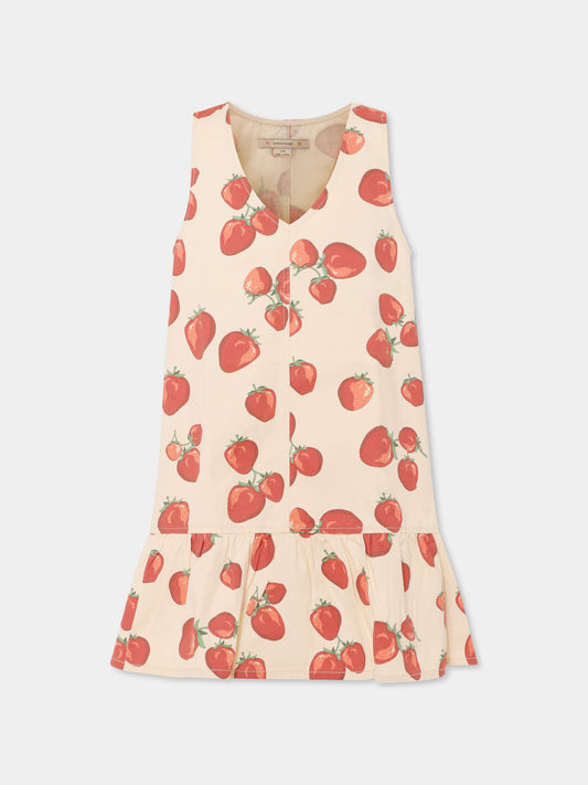 Vestito avorio per bambina con fragole all over