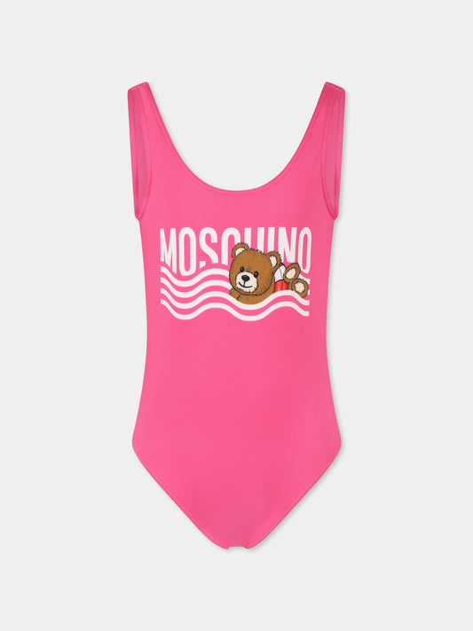 Costume intero fucsia per bambina con Teddy Bear,Moschino Kids,H0L00B LKA00 50533