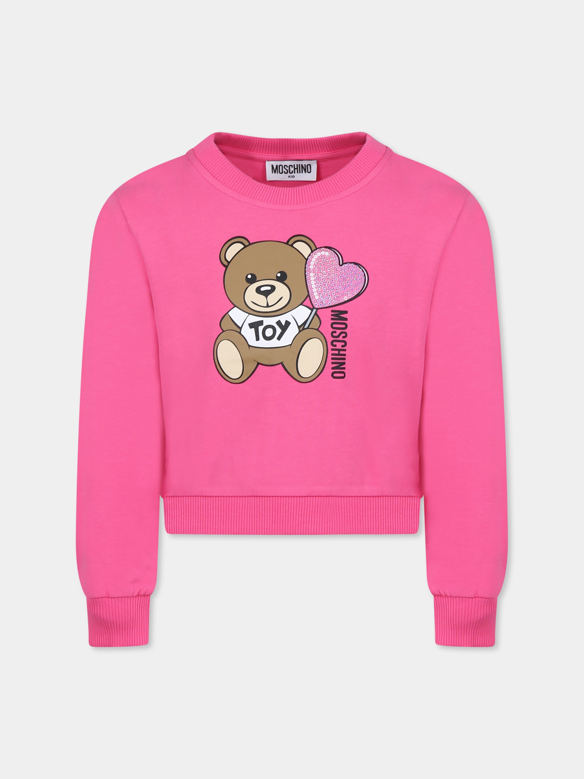 Felpa fucsia per bambina con Teddy Bear e cuore,Moschino Kids,HDF066 LDA00 50533