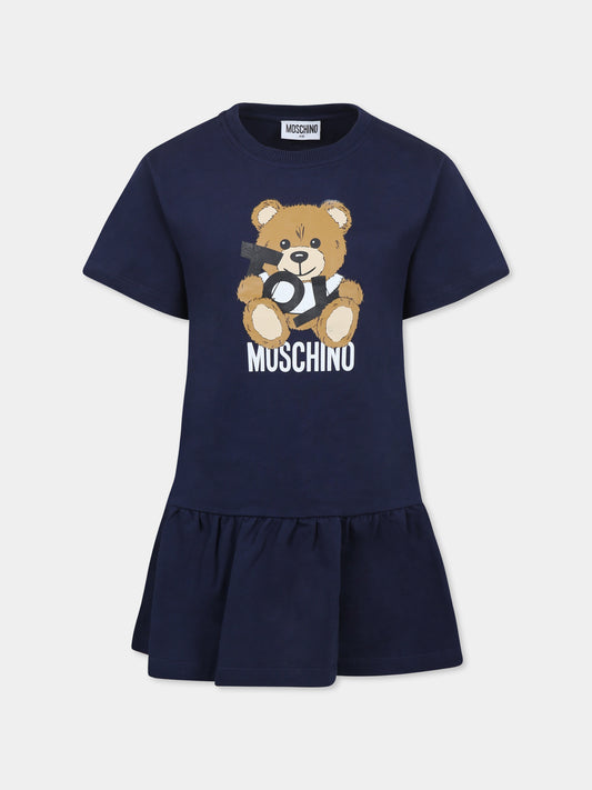 Vestito blu per bambina con Teddy Bear,Moschino Kids,HDV0GB LCA19 40016