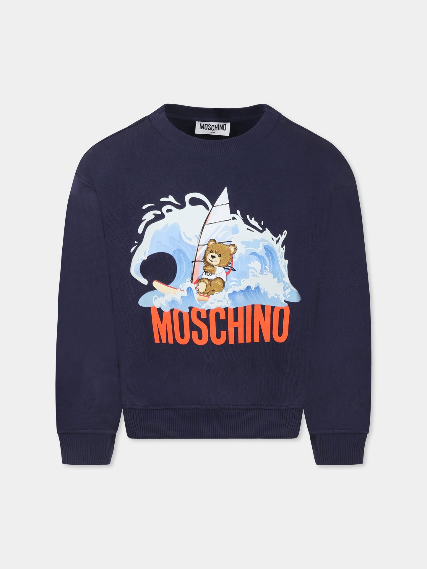 Felpa blu per bambino con Teddy Bear e tavola da windsurf,Moschino Kids,HNF07Y LCA74 40016