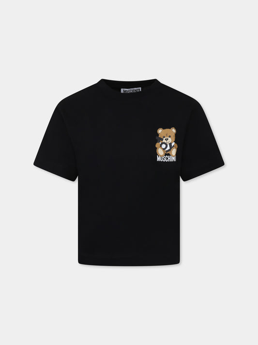 T-shirt nera per bambini con Teddy Bear,Moschino Kids,HPM050 LAA03 60100