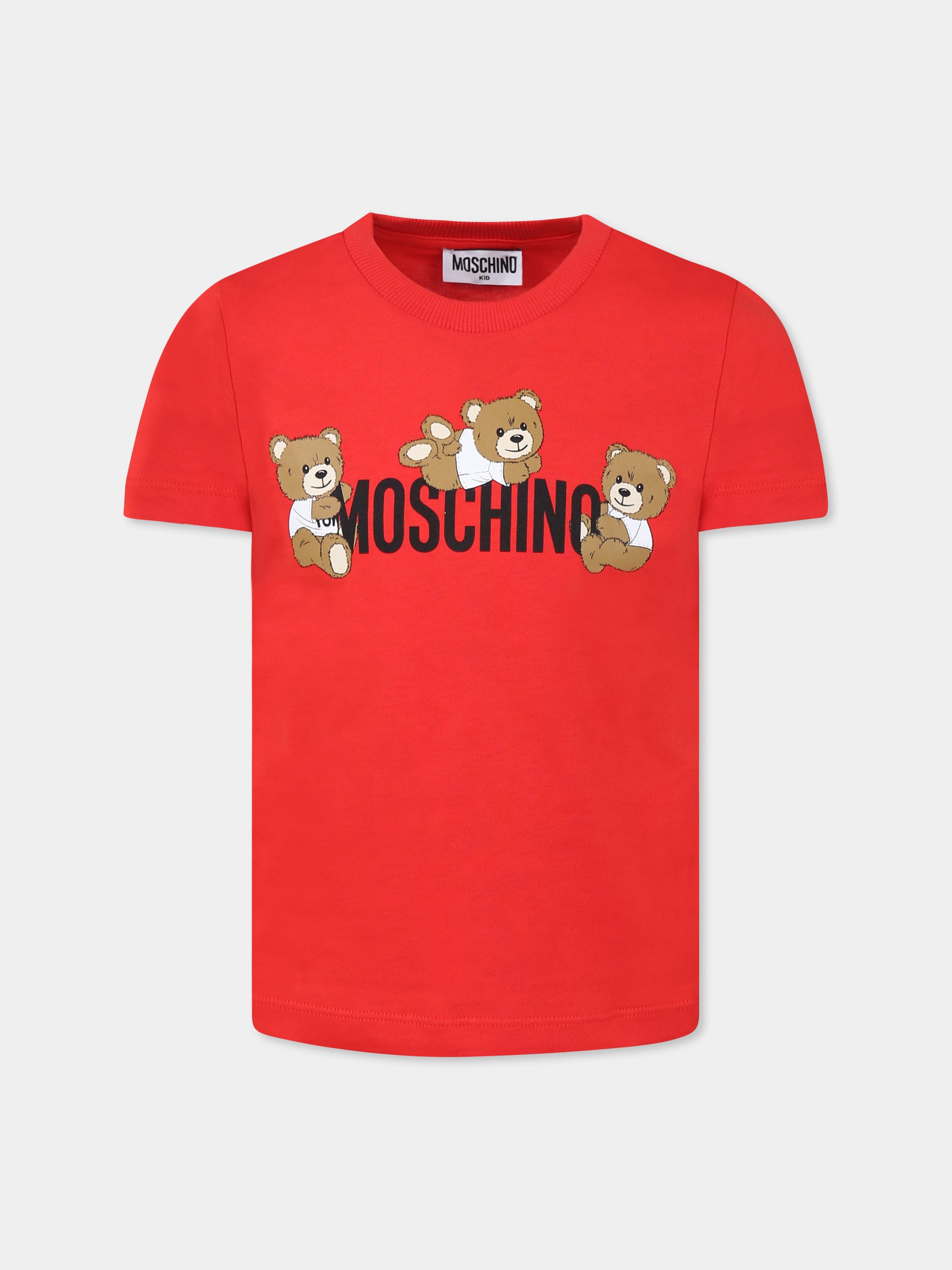 T-shirt rossa per bambini con tre Teddy Bears,Moschino Kids,HUM059 LAA23 50109