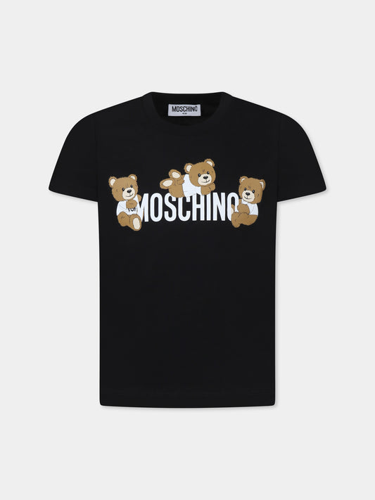 T-shirt nera per bambini con tre Teddy Bears,Moschino Kids,HUM059 LAA23 60100