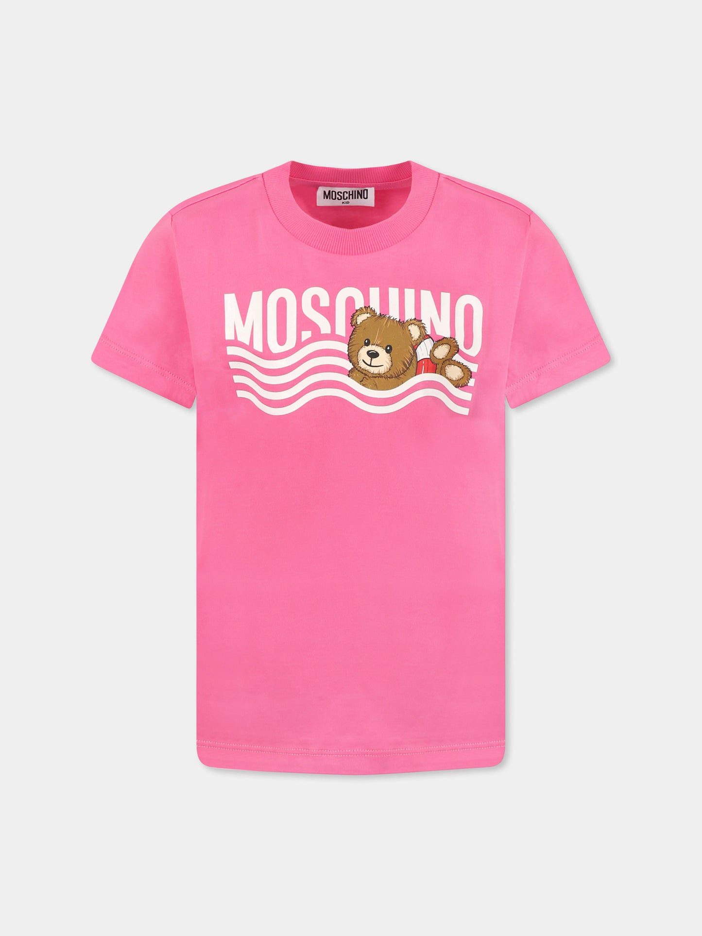 T-shirt fucsia per bambina con Teddy Bear e onde,Moschino Kids,HYM04K LAA24 50533