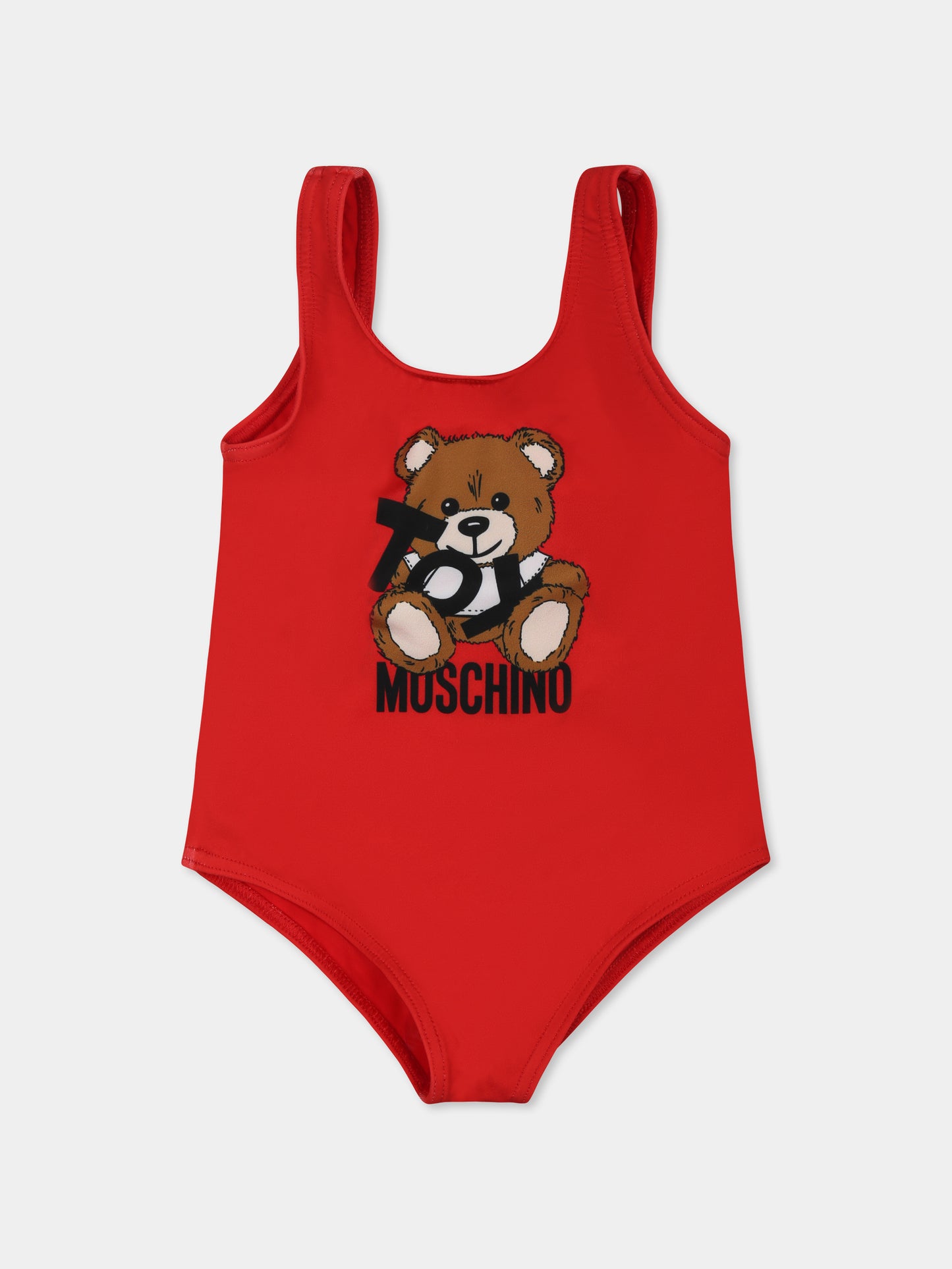 Costume intero rosso per neonata con Teddy Bear e logo nero
