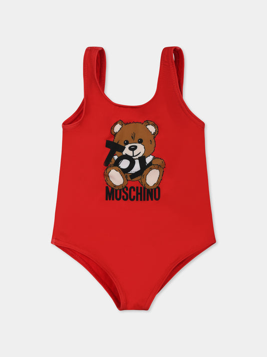 Costume intero rosso per neonata con Teddy Bear e logo nero