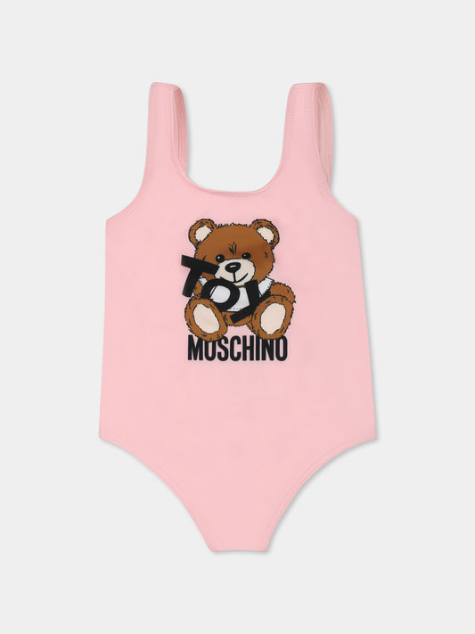 Costume intero rosa per neonata con Teddy Bear e logo nero
