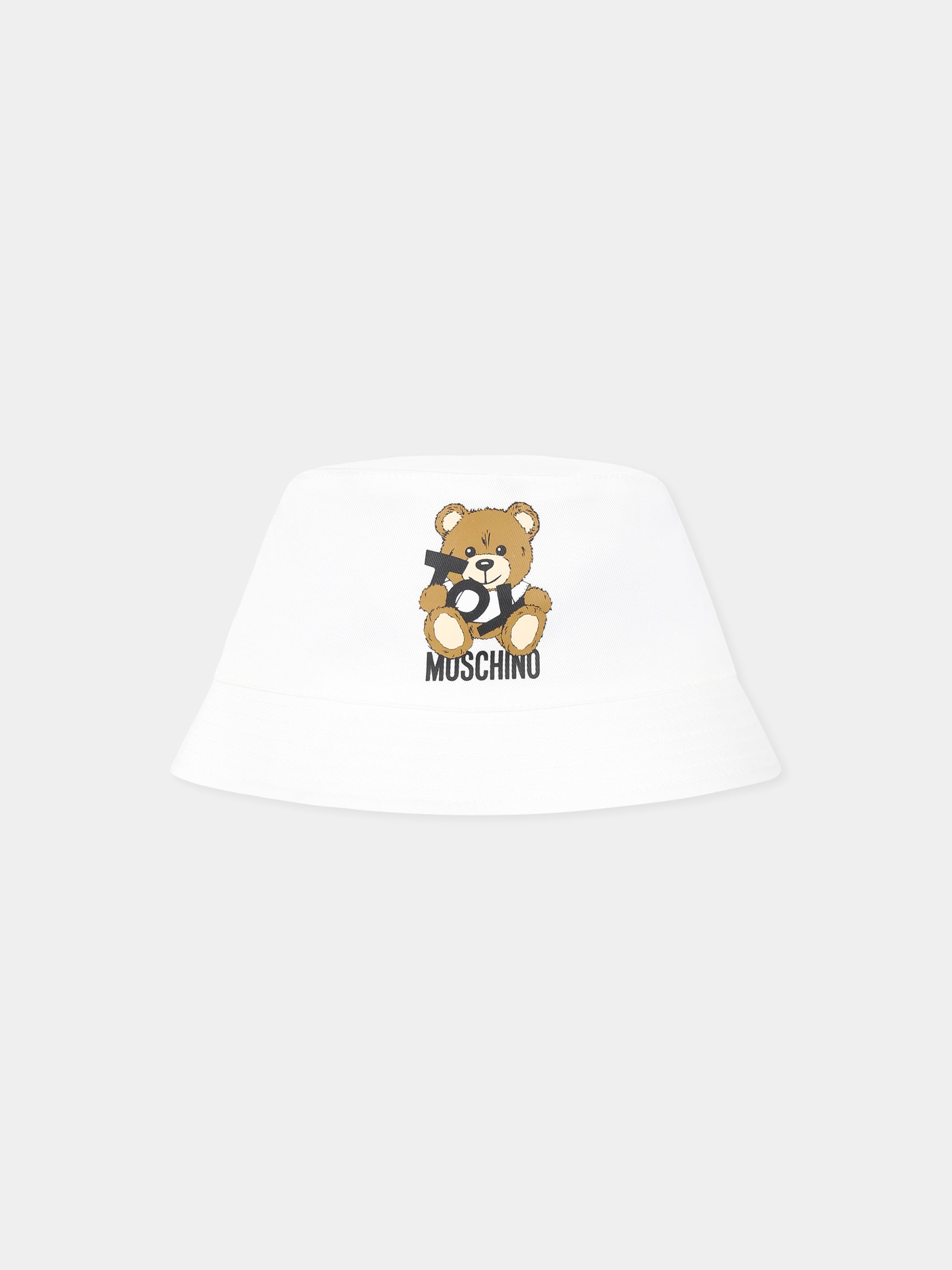 Cloche bianca per neonati con Teddy Bear e logo nero,Moschino Kids,MMX057 LPA01 10101