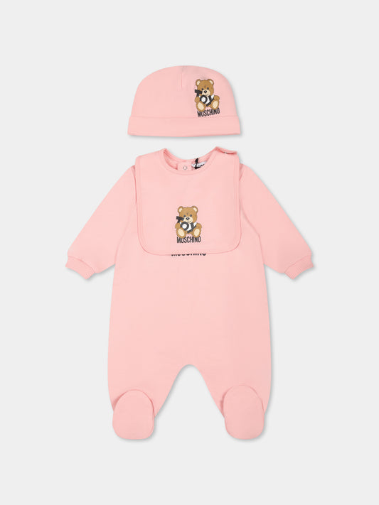 Set rosa per neonata con Teddy Bear e logo,Moschino Kids,MNY04G LCA19 50209