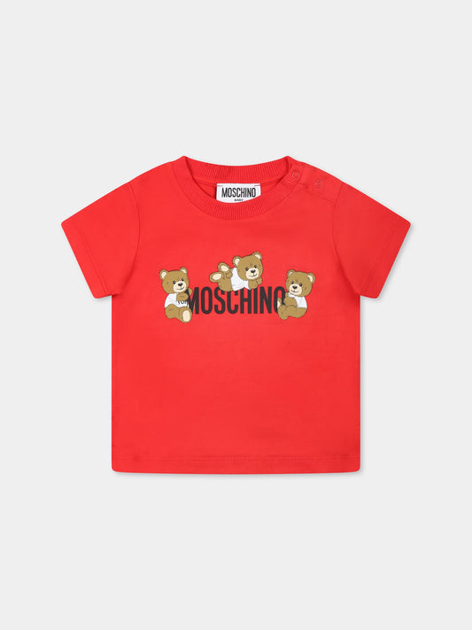 T-shirt rossa per neonati con tre Teddy Bears,Moschino Kids,MUM04A LAA03 50109