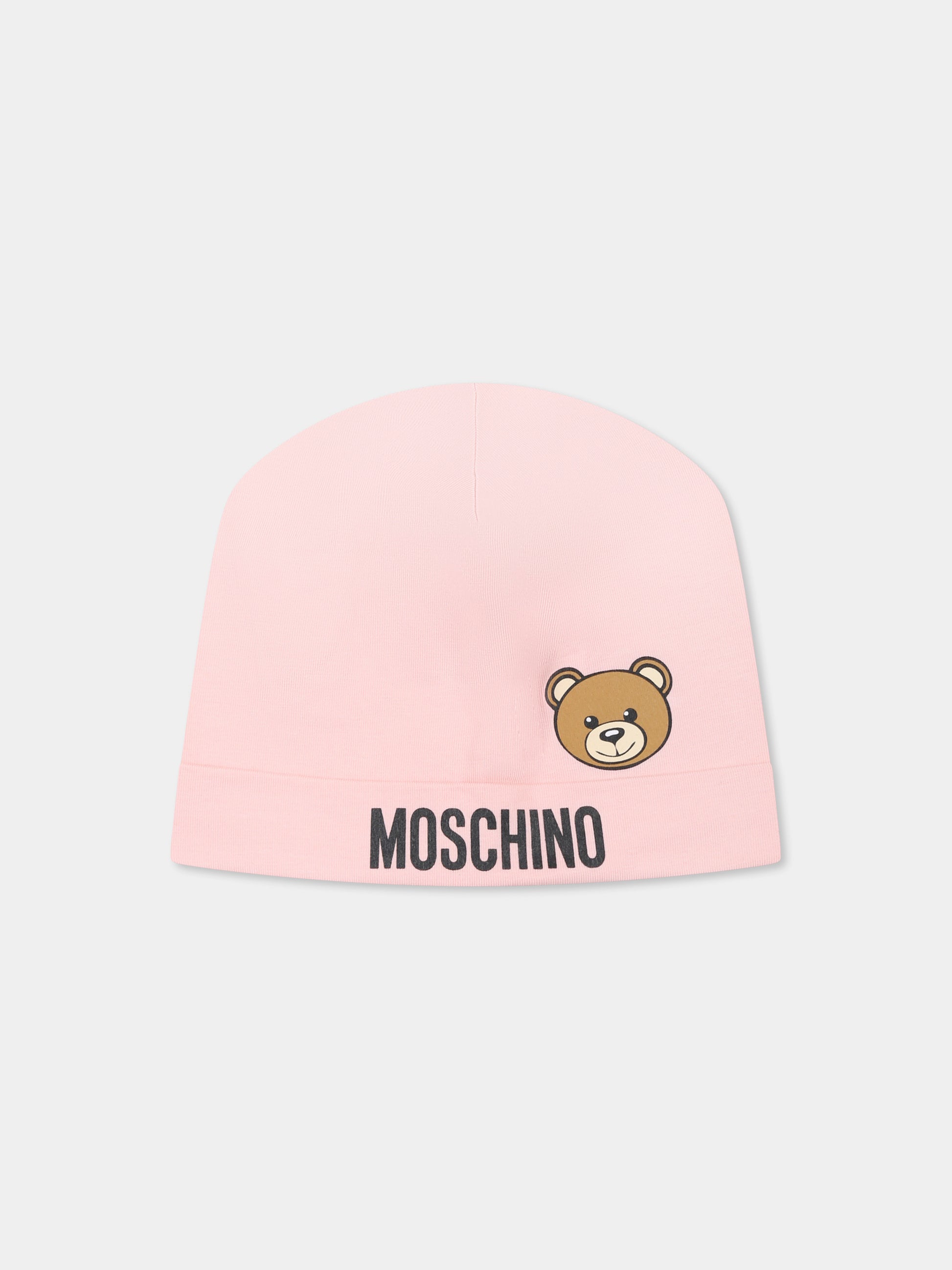 Berretto rosa per neonata con Teddy Bear e logo,Moschino Kids,MUX05A LBA00 50209