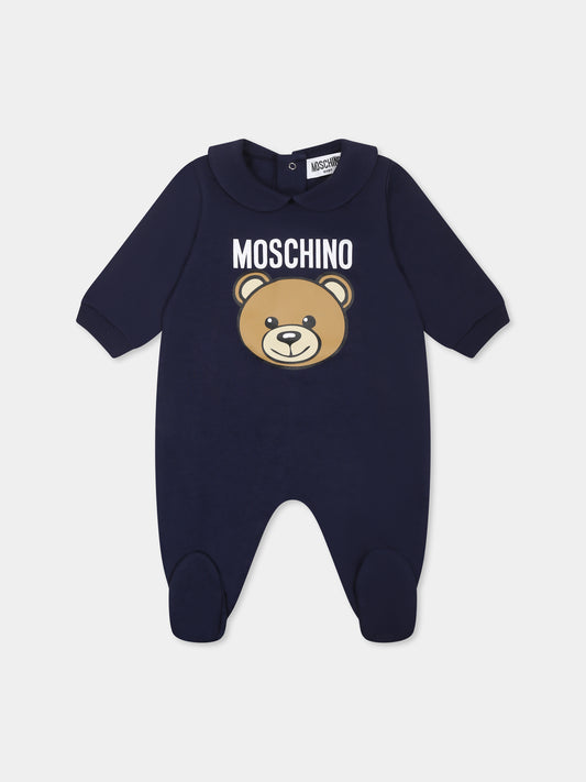 Tutina blu per neonato con Teddy Bear e logo,Moschino Kids,MUY086 LCA19 40016