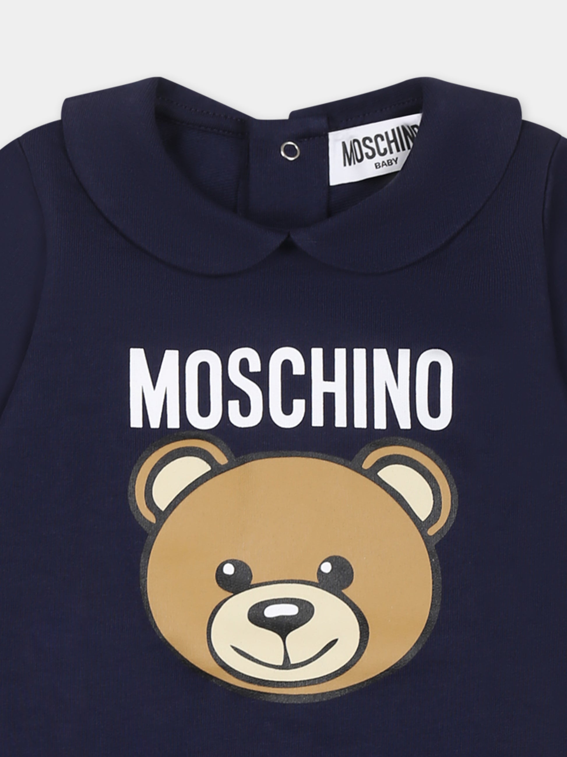 Tutina blu per neonato con Teddy Bear e logo,Moschino Kids,MUY086 LCA19 40016
