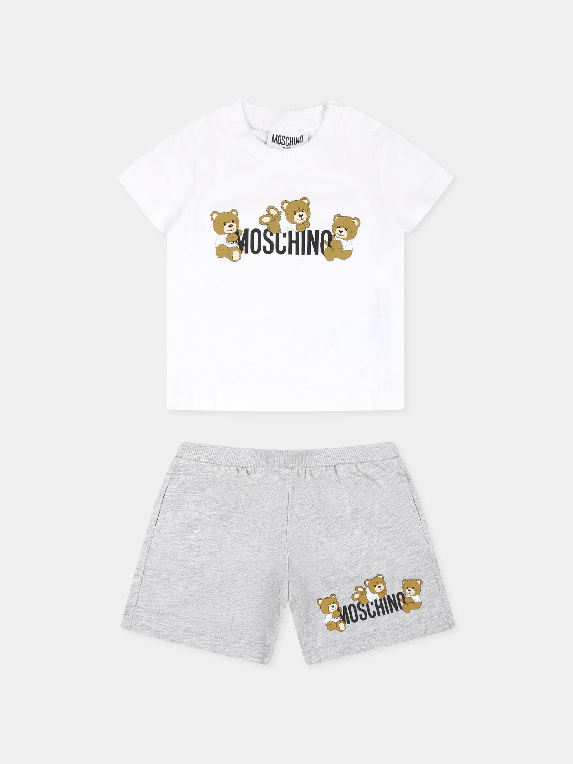 Completo multicolor per neonato con tre Teddy Bears e logo,Moschino Kids,MZG00M LAA03 84171