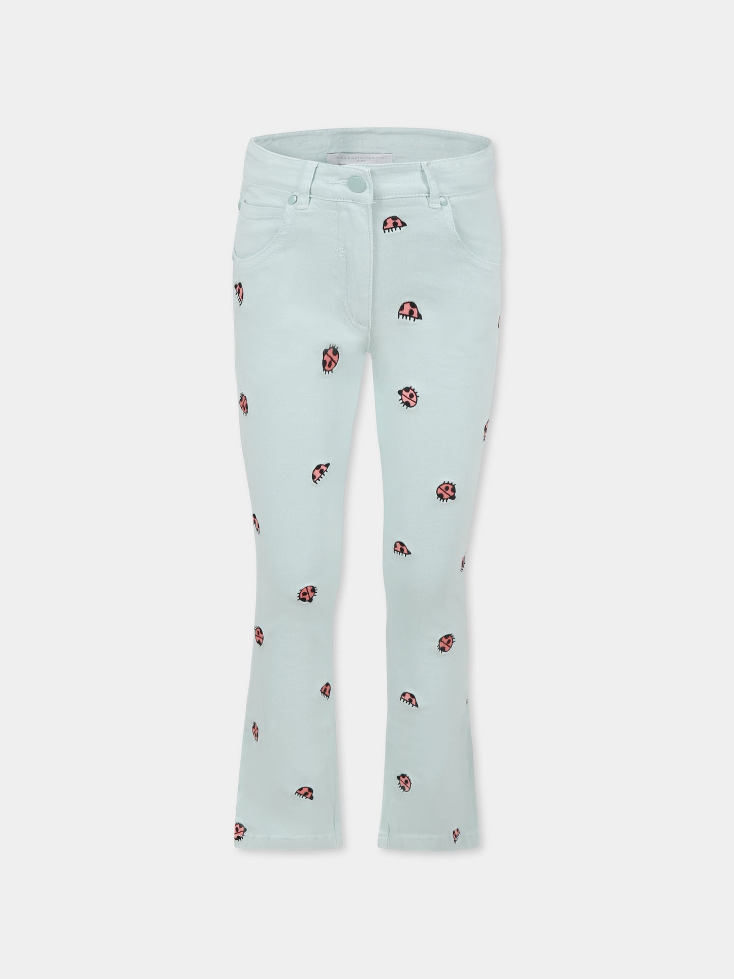 Jeans verde per bambina con coccinelle