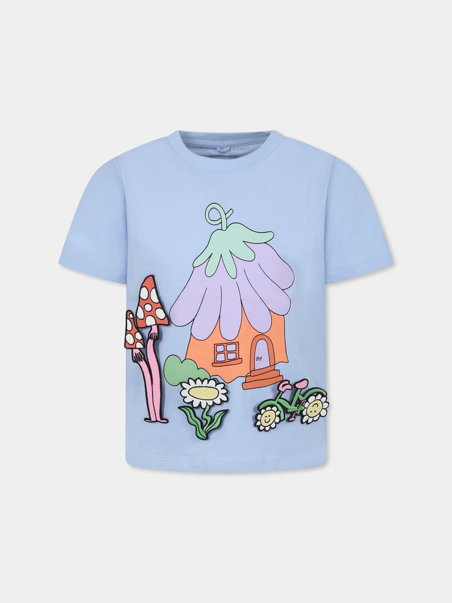 T-shirt celeste per bambina con stampa casa e patch