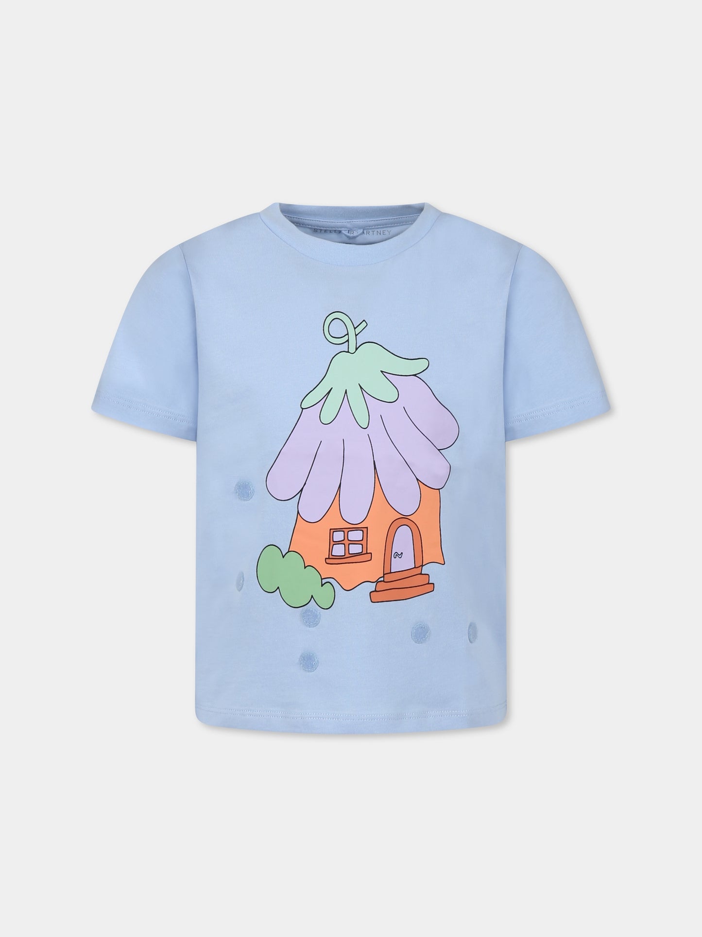 T-shirt celeste per bambina con stampa casa e patch