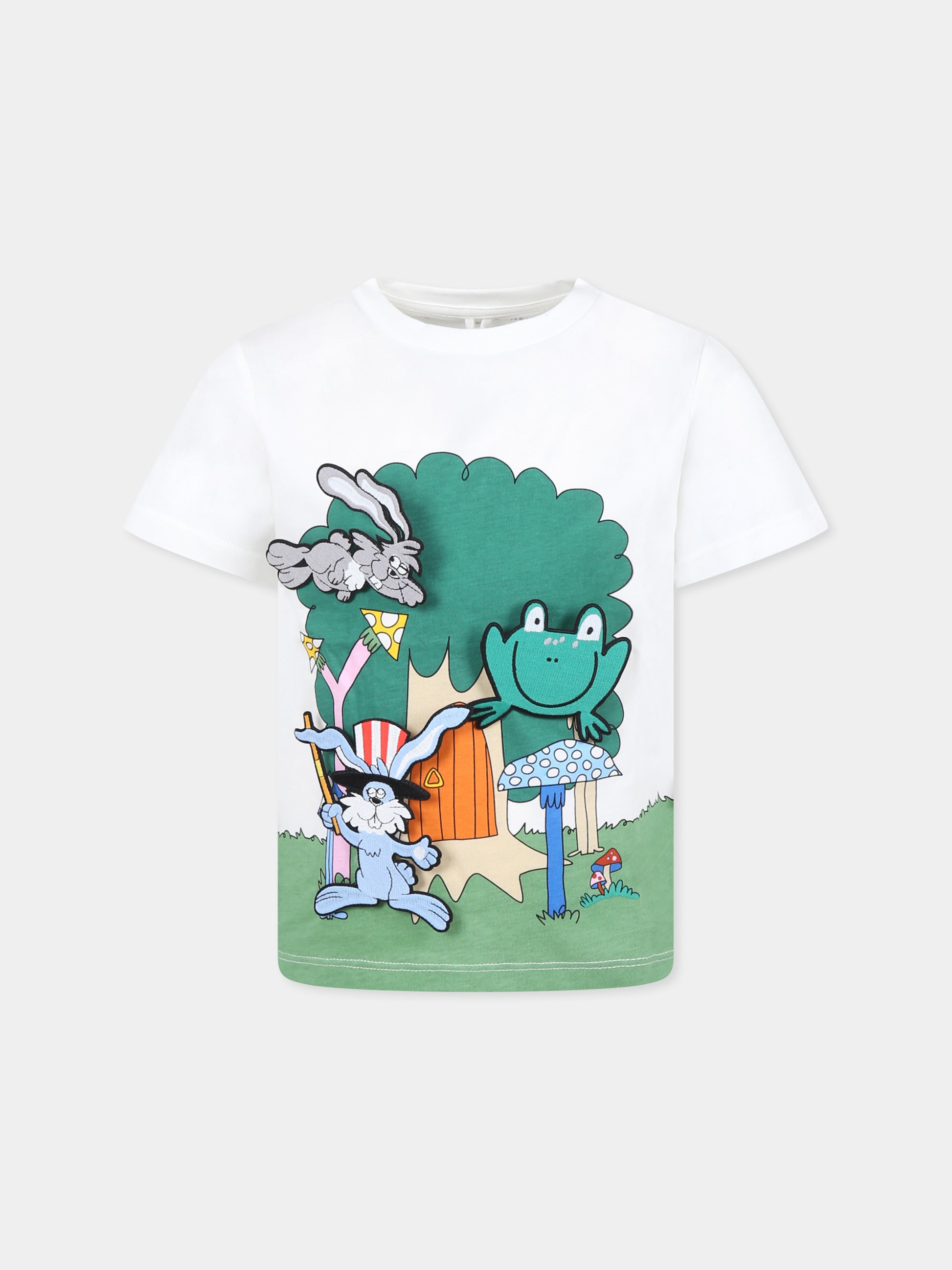 T-shirt bianca per bambino con stampa bosco e patch,Stella Mccartney Kids,TW8P31 Z0434 101