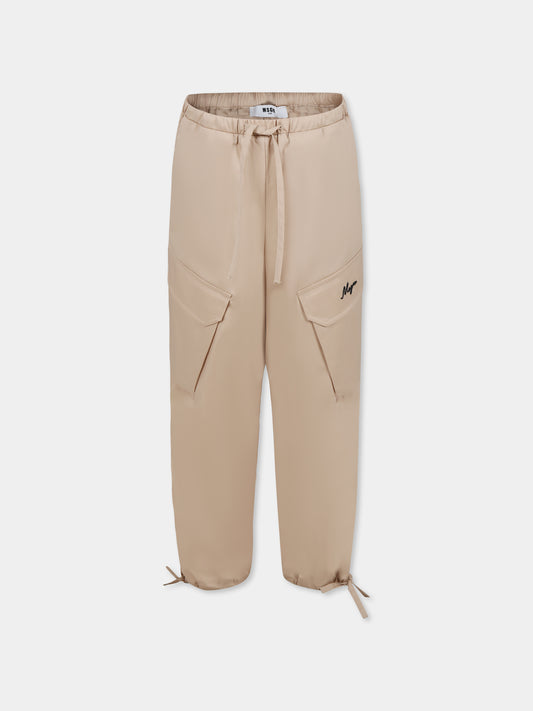 Pantaloni beige per bambina con logo