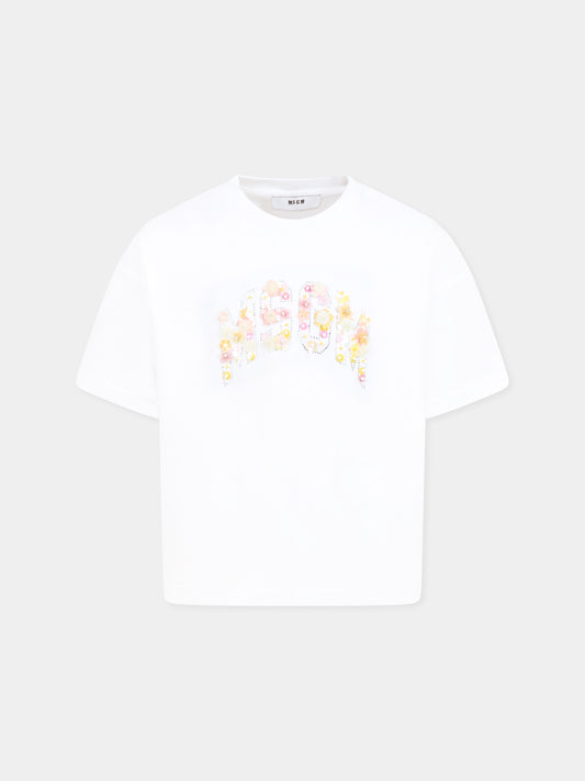 T-shirt bianca per bambina con logo e fiori,Msgm Kids,S5MSJGTH105 001