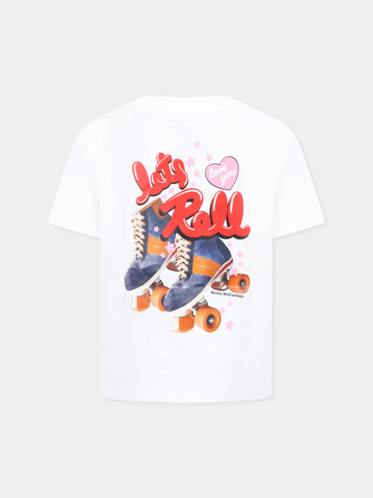 T-shirt bianca per bambina con logo e pattini,Stella Mccartney Kids,TW8D01 Z0434 100