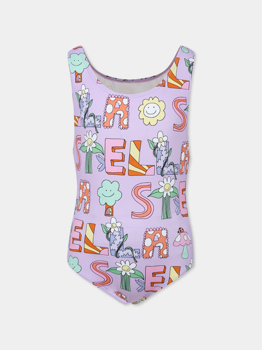 Costume intero viola per bambina con logo