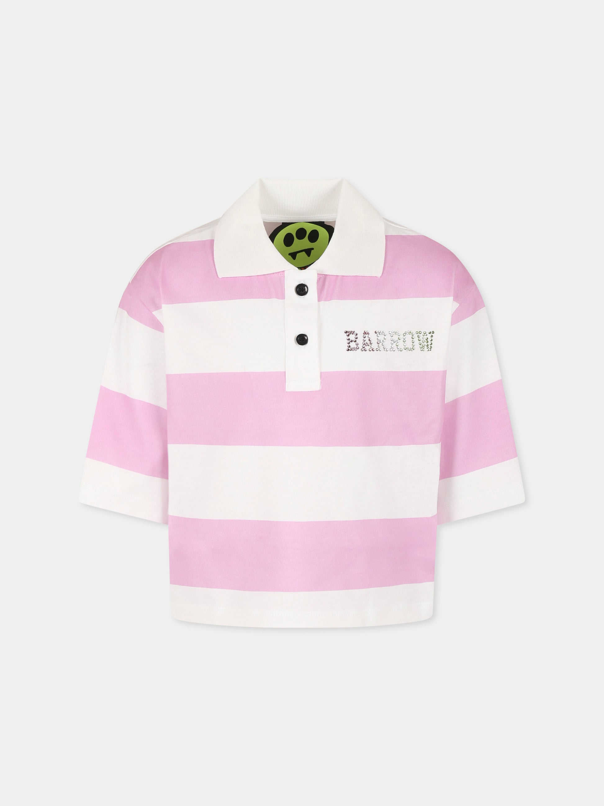 Polo crop rosa per bambina con logo e strass,Barrow,S5BKJGPO101 BW014/04