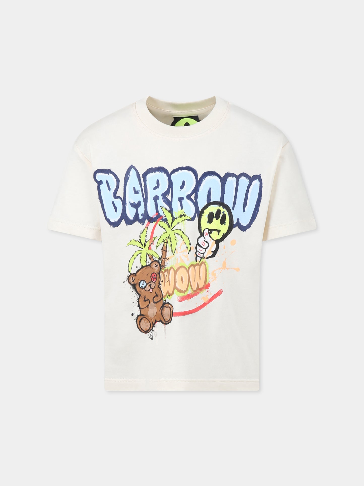 T-shirt avorio per bambini con logo e stampa Bear