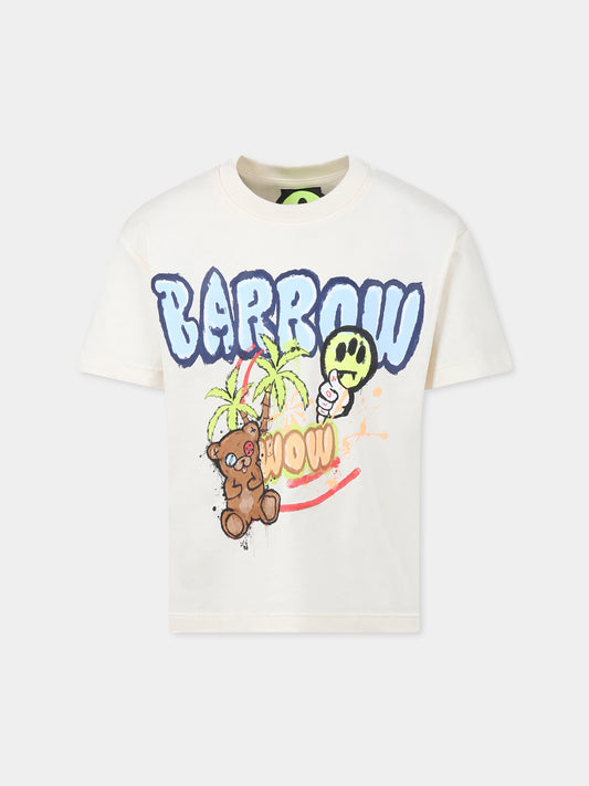 T-shirt avorio per bambini con logo e stampa Bear