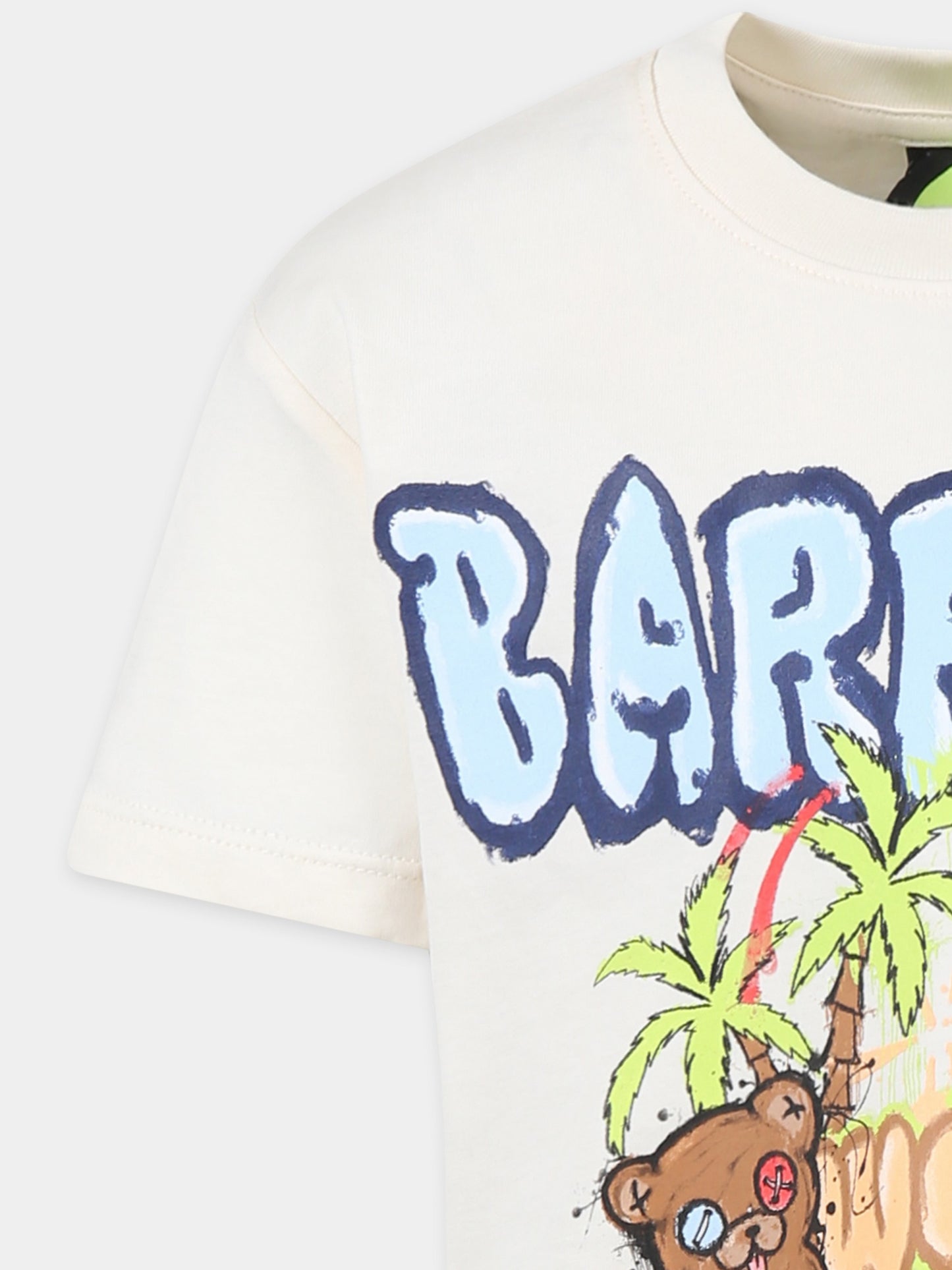 T-shirt avorio per bambini con logo e stampa Bear