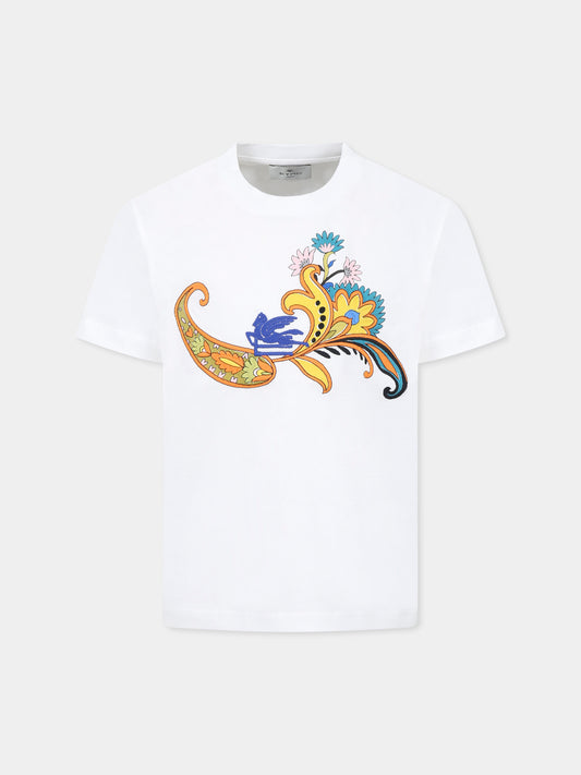 T-shirt bianca per bambina con stampa Paisley e logo,Etro,GW8A71 Z2081 101