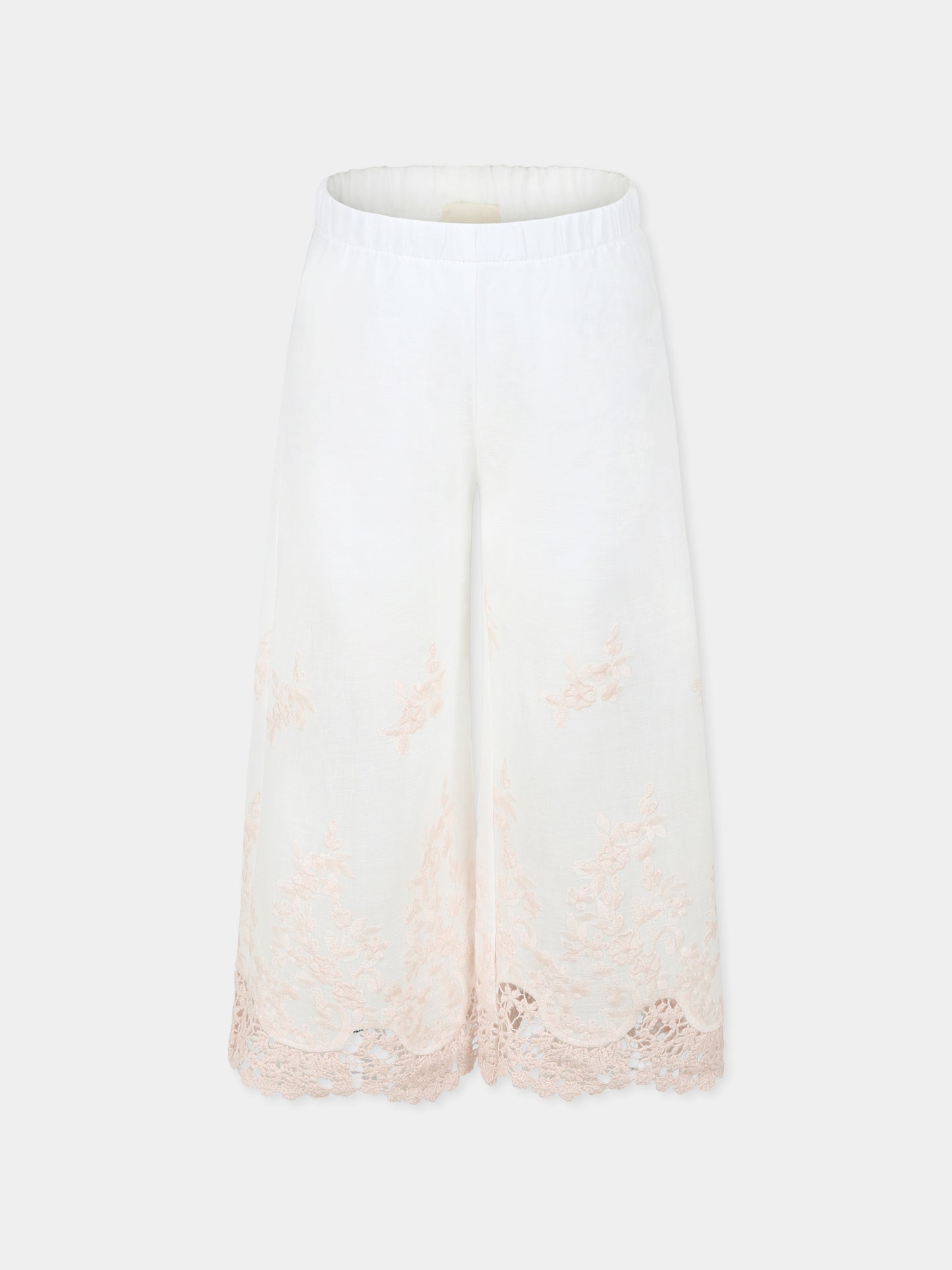 Pantaloni avorio per bambina con ricamo,Caffe' D'orzo,ZW6B30 M0061 100RS