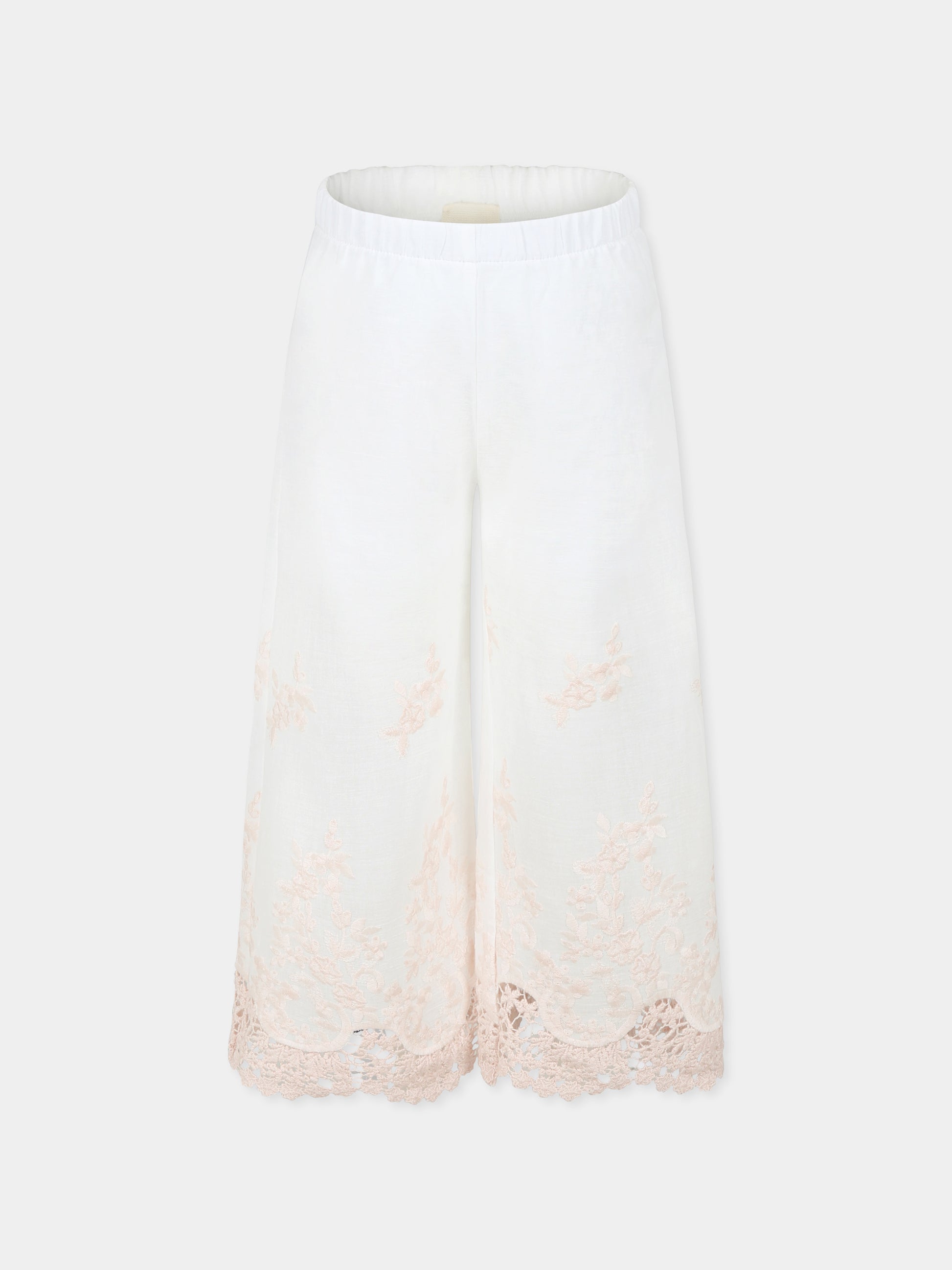 Pantaloni avorio per bambina con ricamo,Caffe' D'orzo,ZW6B30 M0061 100RS