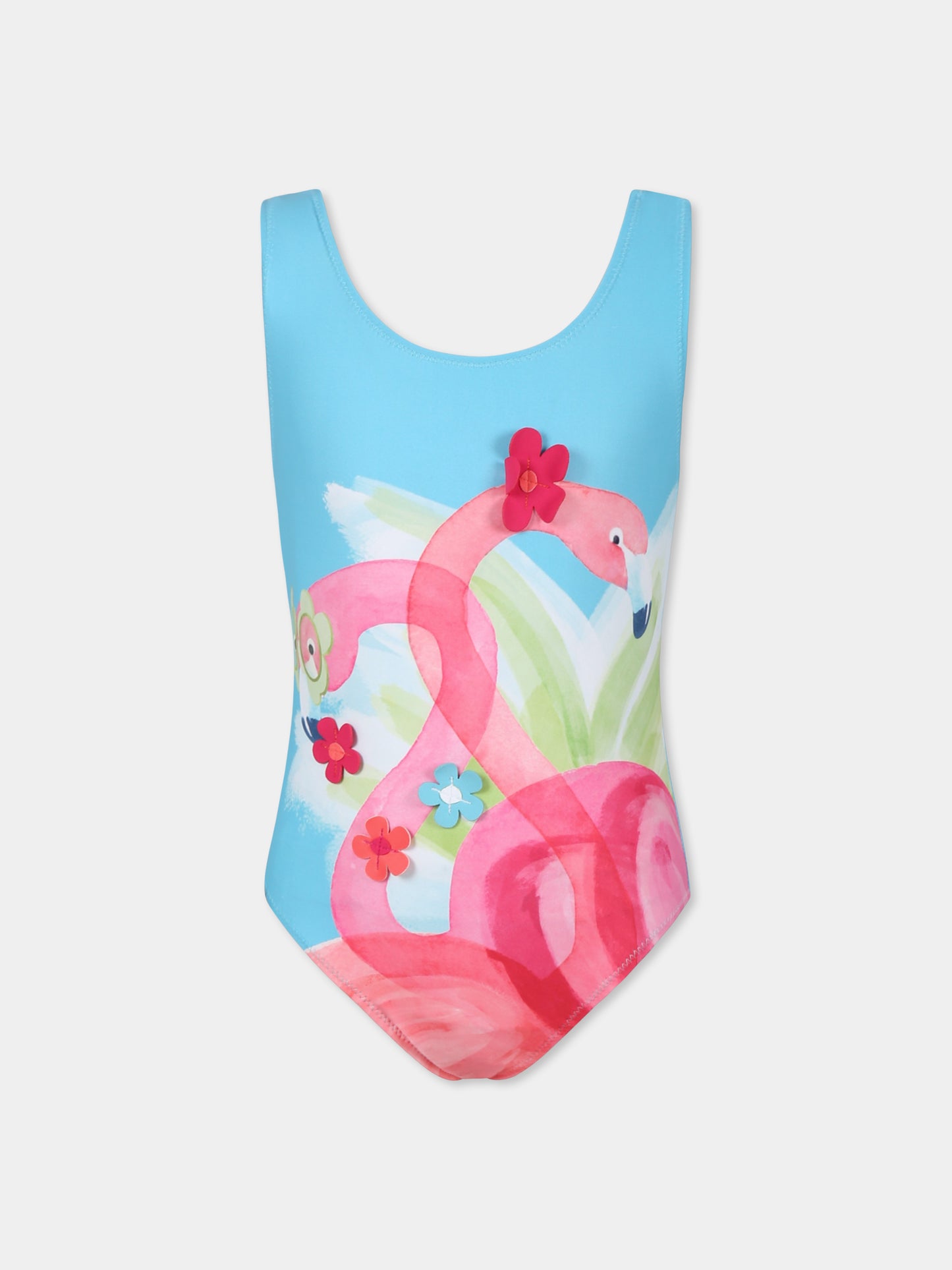 Costume intero celeste per bambina con fenicotteri