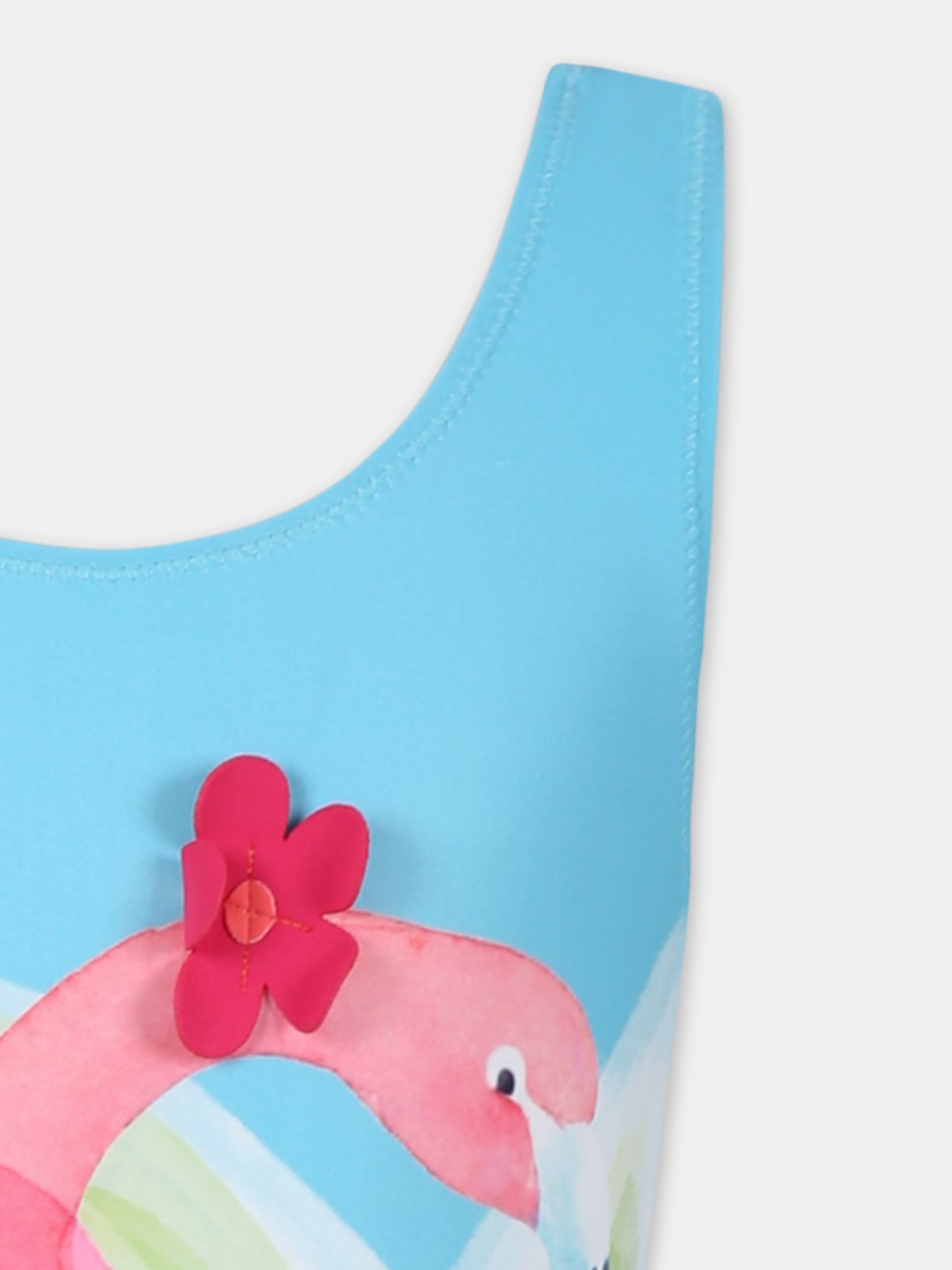 Costume intero celeste per bambina con fenicotteri